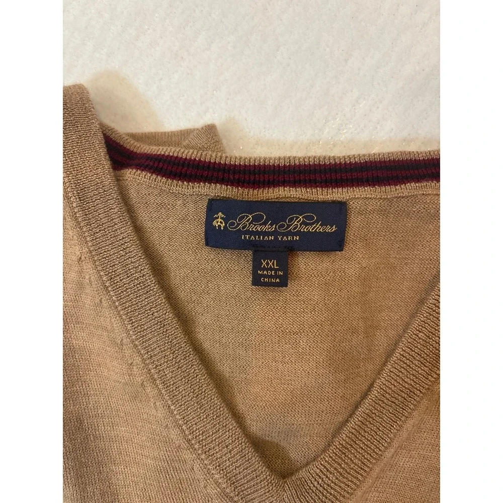Brooks‎ Brothers Mens XXL Merino Wool V-Neck Sweater Camel Tan Italian Yarn